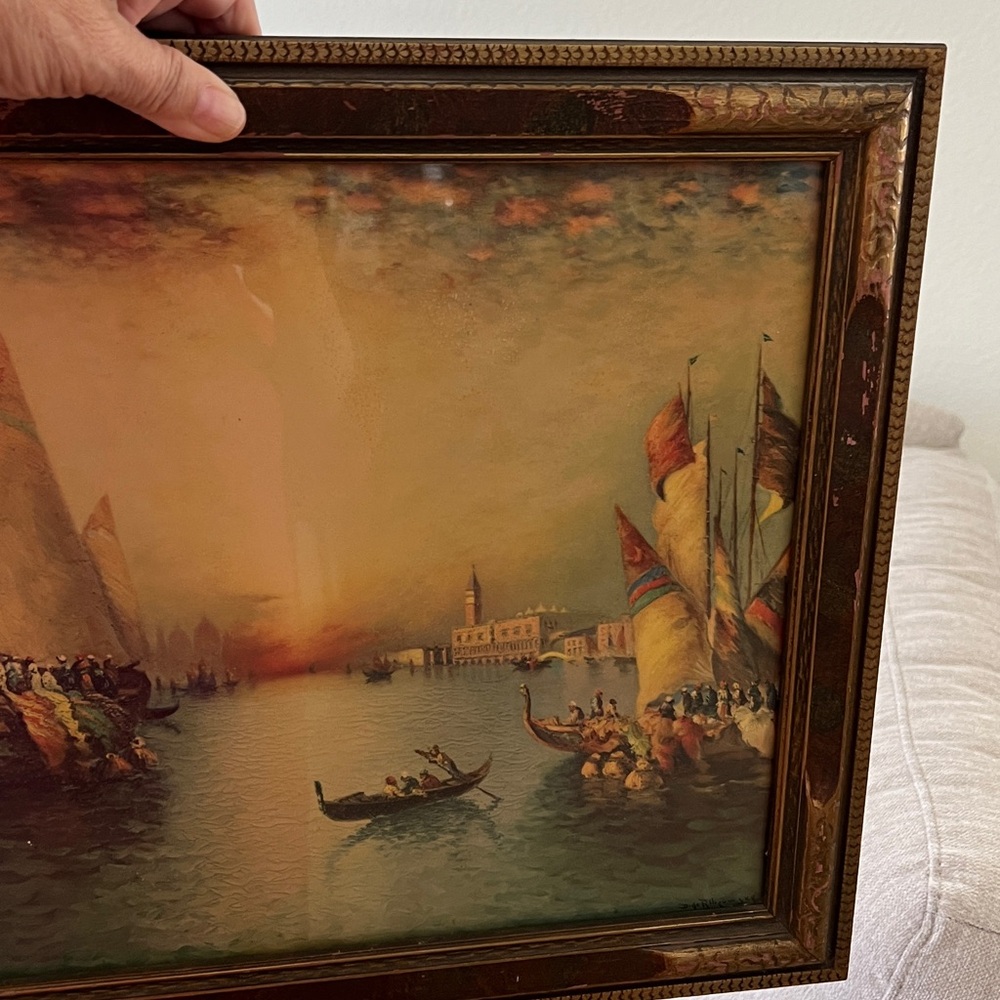 Framed Venetian Harbor Sailboat Painting in Teal and Gold - Picture 12 of 12